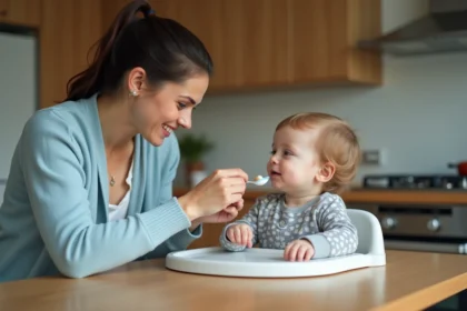 Maman donne un médicament à son bébé dans la cuisine