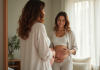 Jeune maman se regardant dans le miroir en pensant à sa grossesse