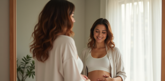 Jeune maman se regardant dans le miroir en pensant à sa grossesse
