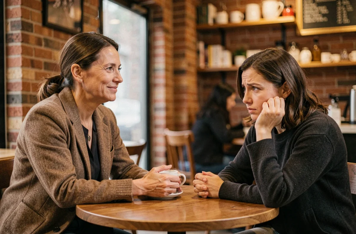 Deux femmes assises dans un café, l'une avec un sourire calculateur et l'autre mal à l'aise, illustrant la manipulation émotionnelle