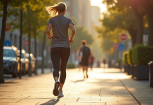 Personne marchant rapidement en ville en tenue de sport