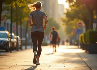 Personne marchant rapidement en ville en tenue de sport