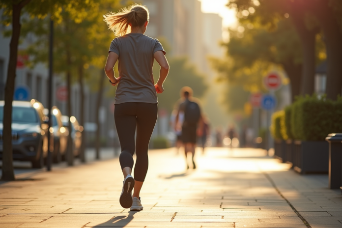 Personne marchant rapidement en ville en tenue de sport