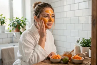 Femme appliquant un masque maison à la papaye sur son visage pour un effet éclat immédiat