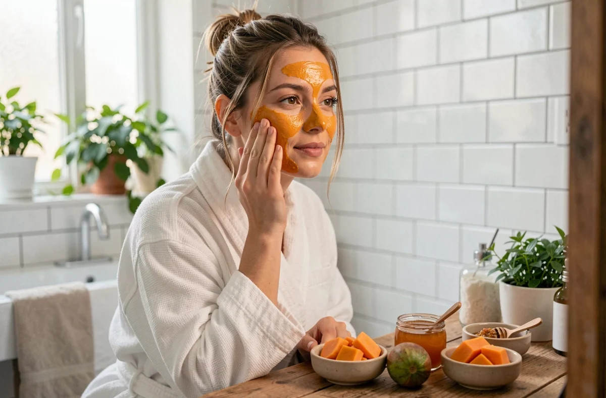 Femme appliquant un masque maison à la papaye sur son visage pour un effet éclat immédiat