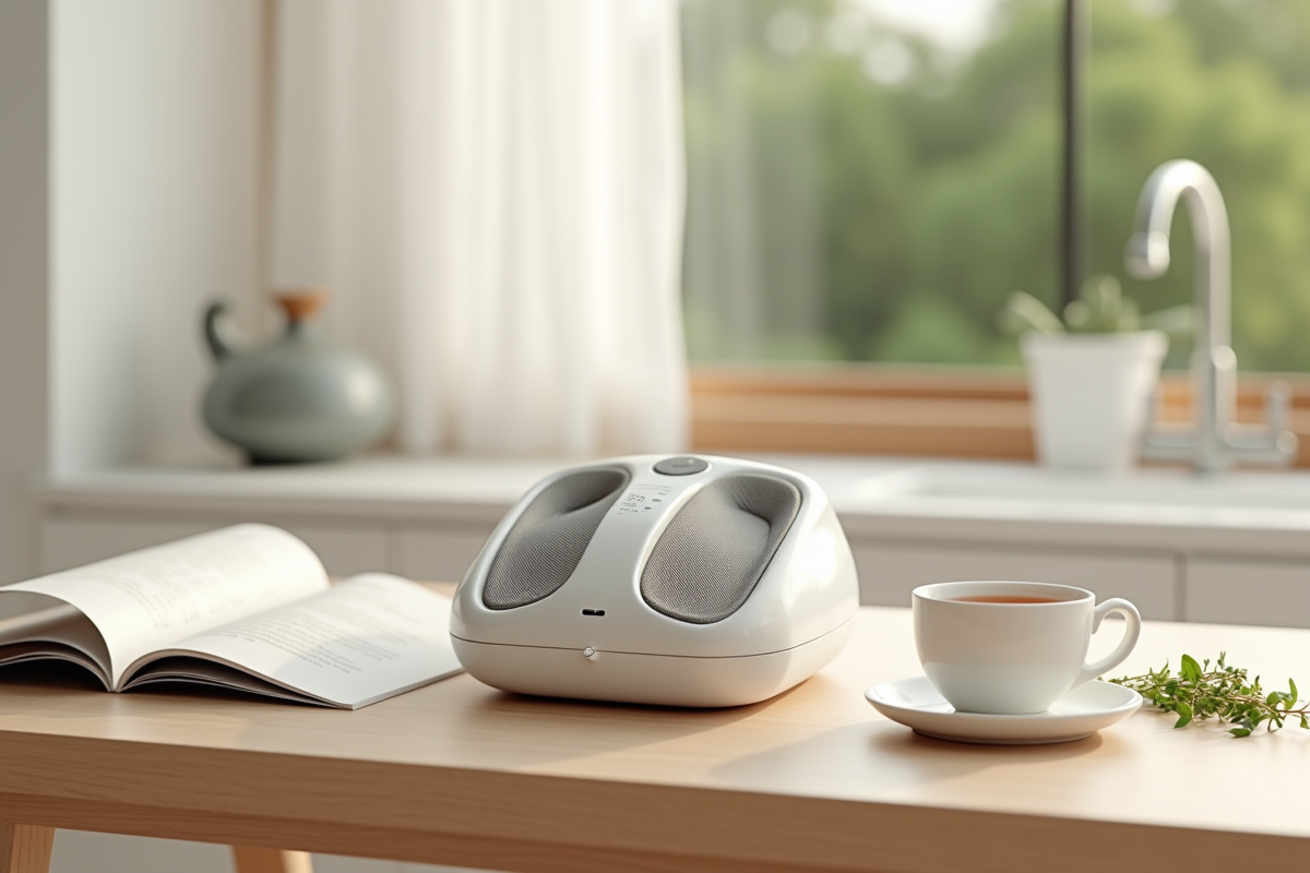 Massager pied électrique sur une table en bois dans une cuisine lumineuse