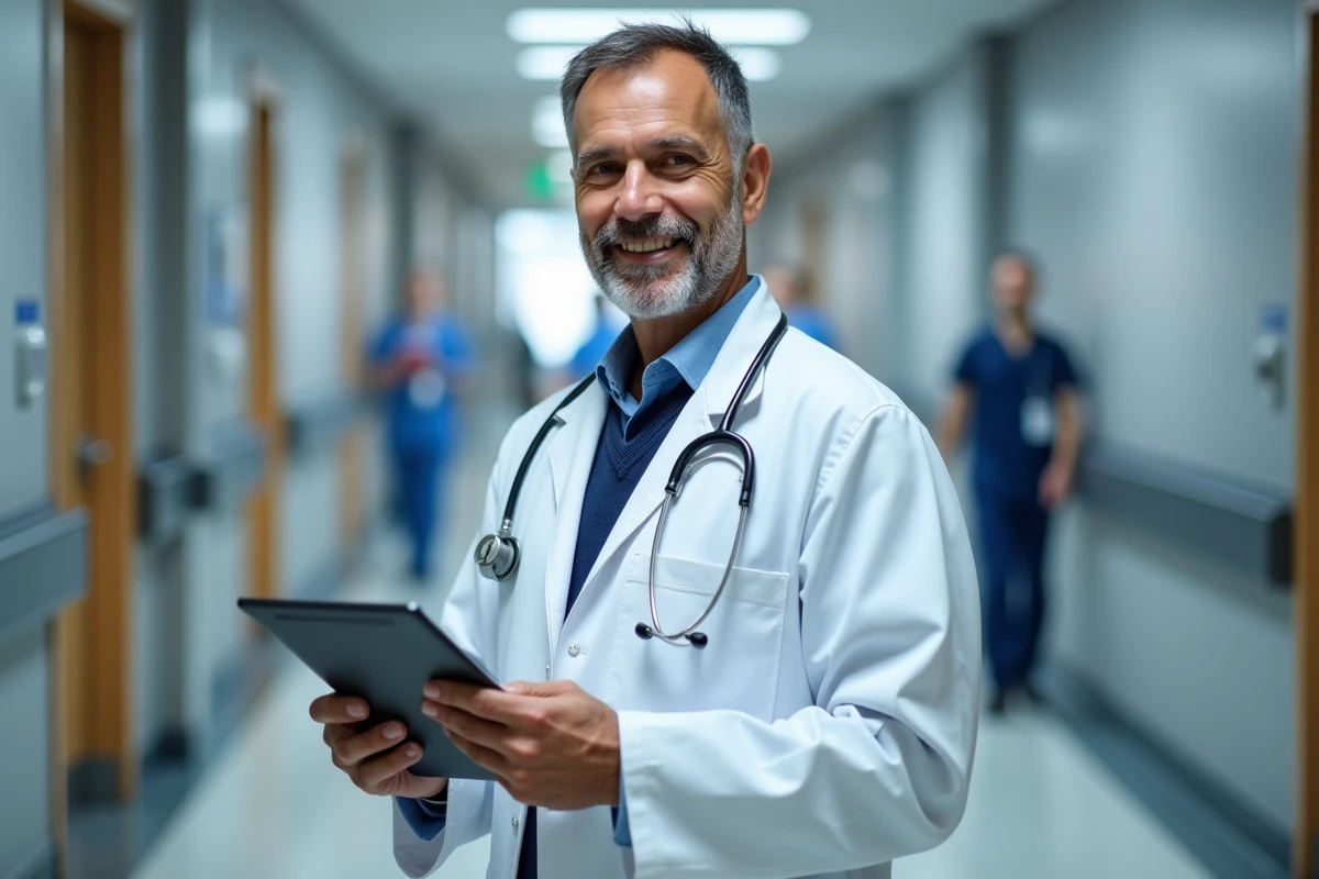 Médecin accédant à la plateforme D.netsoins sur une tablette dans un couloir d'hôpital