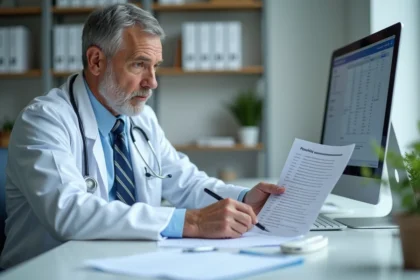 Médecin analysant un bilan hépatique avec résultats de transaminases SGPT sur papier dans un cabinet médical moderne