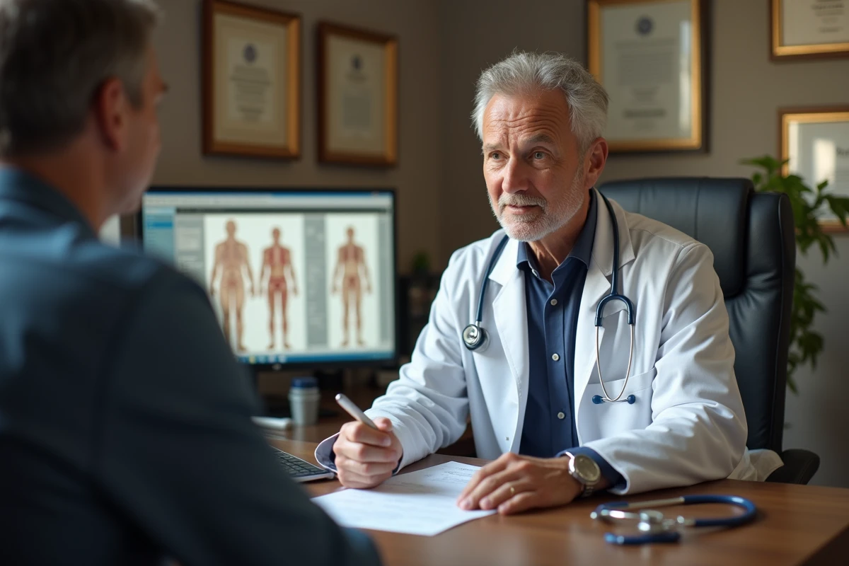 Médecin généraliste en consultation expliquant un diagnostic à un patient dans un cabinet médical, contexte d'une grosseur inguinale
