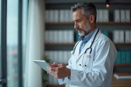 Medecin en blouse blanche utilisant une tablette dans un cabinet