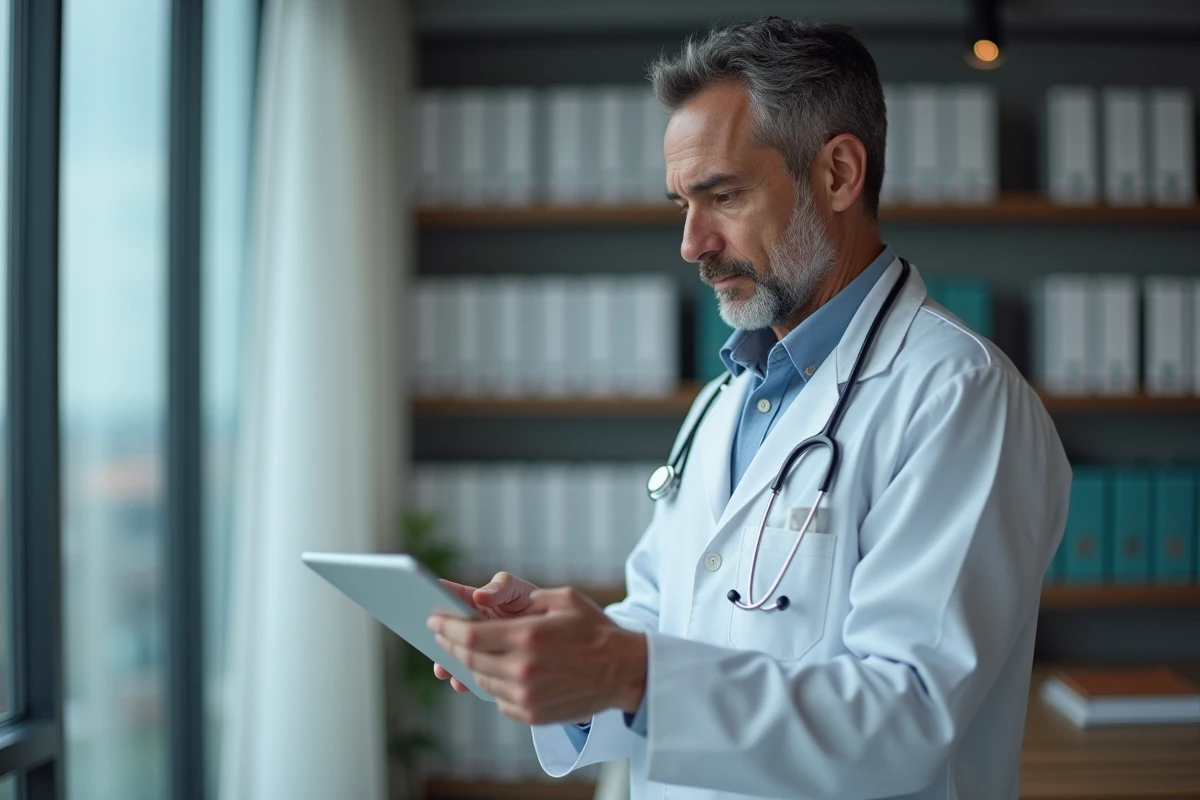 Medecin en blouse blanche utilisant une tablette dans un cabinet