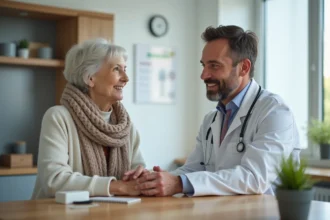 Médecin parlant à une femme âgée dans un centre médical à Montbrison