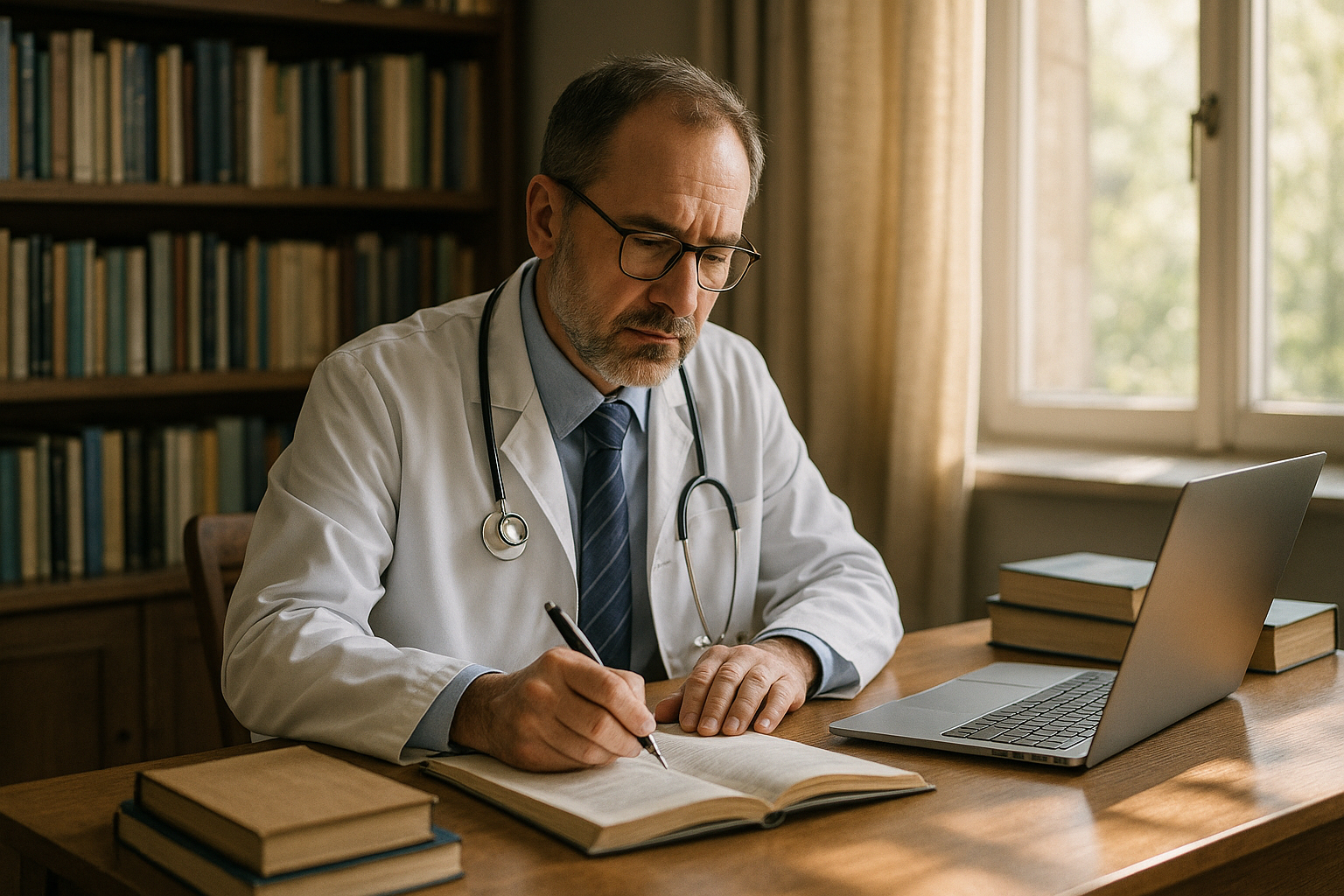 Médecin seul étudiant dans un bureau à la maison avec livres et ordinateur