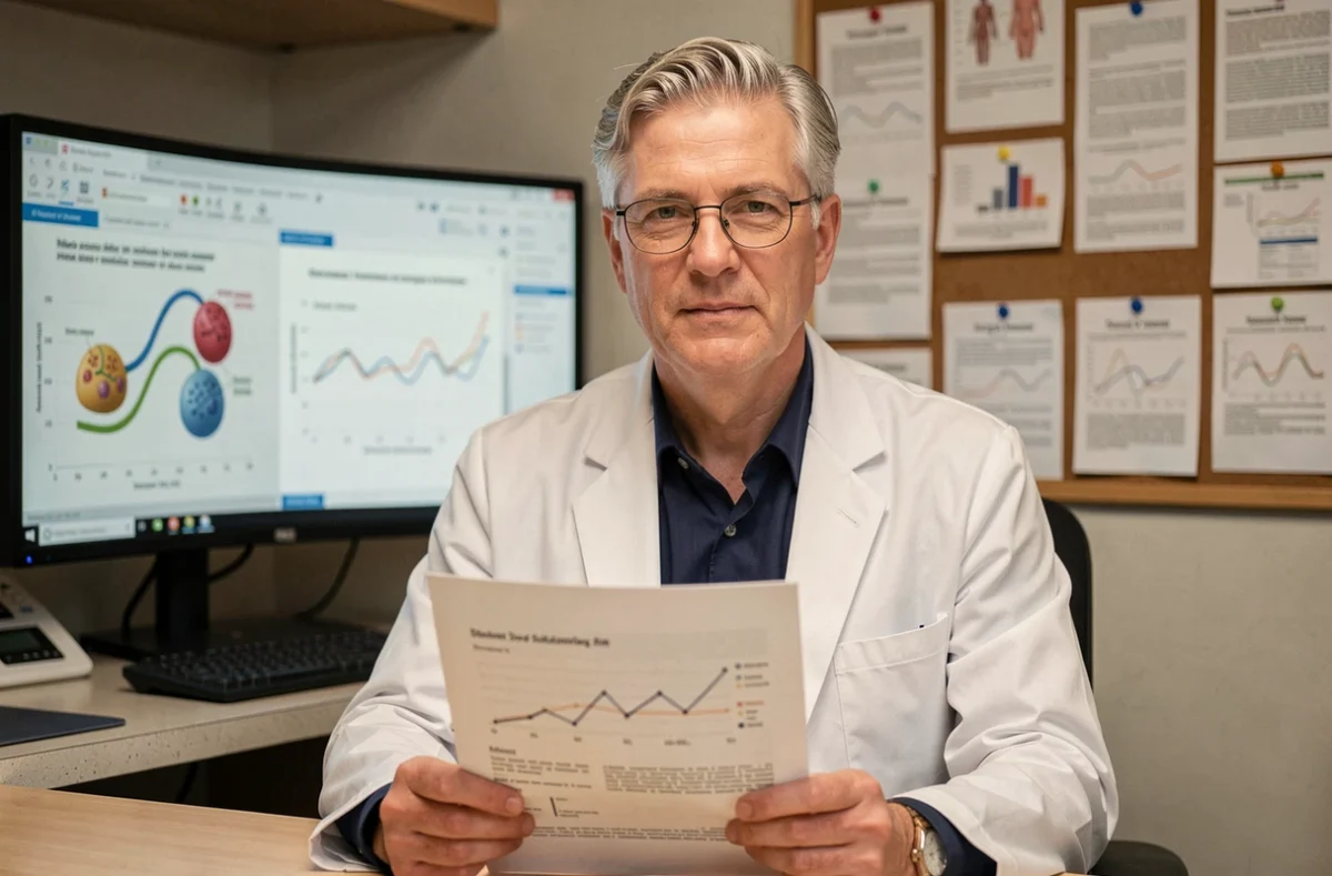 Médecin endocrinologue examinant une étude scientifique sur les promesses minceur dans un bureau hospitalier universitaire