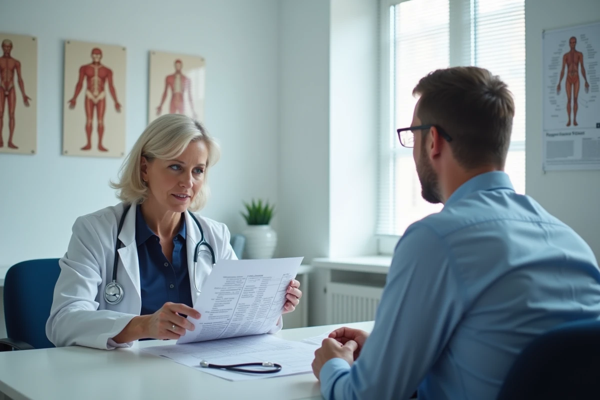Médecin du travail expliquant le tableau des maladies professionnelles à un patient lors d'une consultation médicale