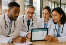 Groupe de médecins en réunion autour d'une tablette en milieu moderne