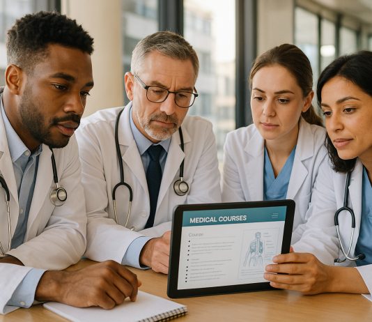 Groupe de médecins en réunion autour d'une tablette en milieu moderne