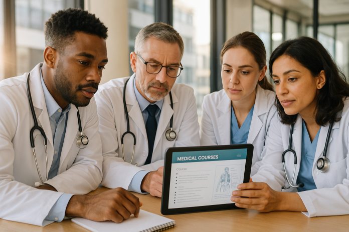 medecins-travail-equipe Groupe de médecins en réunion autour d'une tablette en milieu moderne