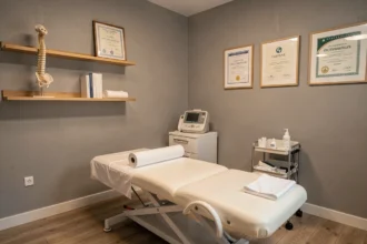 Cabinet d'ostéopathie moderne en Essonne avec table de traitement, modèle anatomique et diplômes encadrés