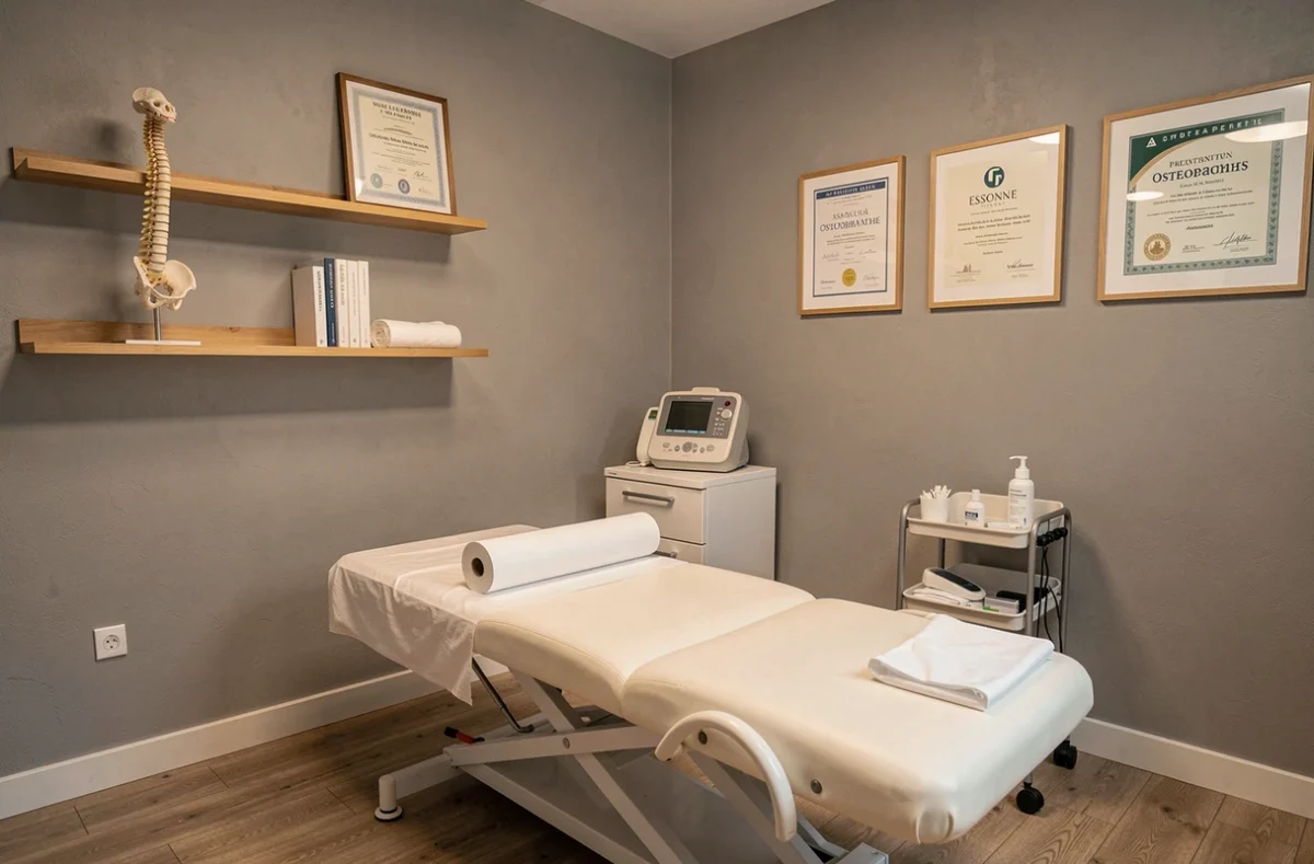 Cabinet d'ostéopathie moderne en Essonne avec table de traitement, modèle anatomique et diplômes encadrés