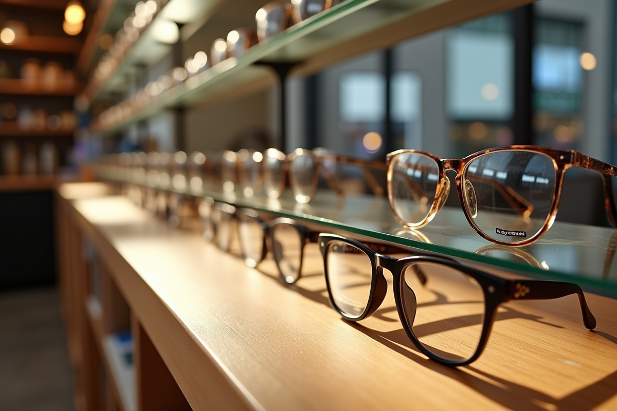 Vitrine avec une sélection de montures de lunettes en lumière naturelle