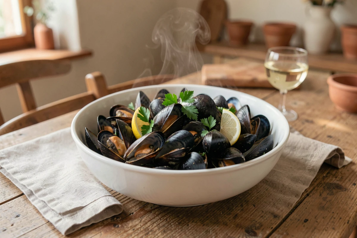 Bol de moules fraîches vapeur avec persil et citron sur une table en bois rustique, repas sain et riche en protéines pour la perte de poids