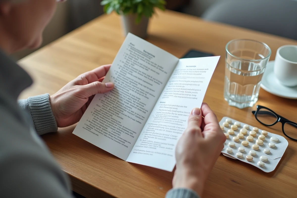 Mains d'une personne âgée tenant une notice de médicament et un pilulier sur une table en bois, illustrant la lecture d'effets secondaires liés aux crampes nocturnes dans les jambes