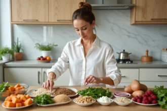 Nutritionniste arrangeant des aliments à faible index glycémique sur une table en bois avec des fiches de valeurs nutritionnelles
