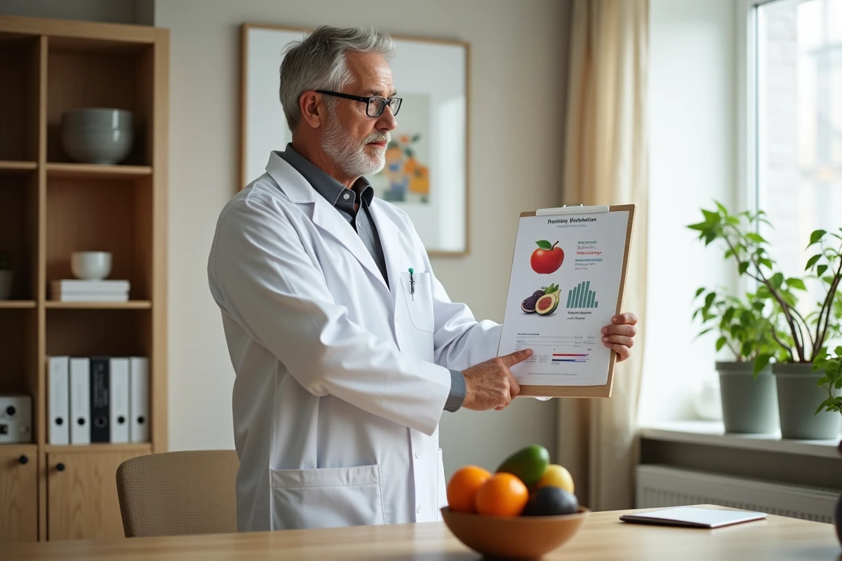 Nutritionniste en blouse blanche présentant un tableau nutritionnel sur les fruits et la vitamine D dans un cabinet médical