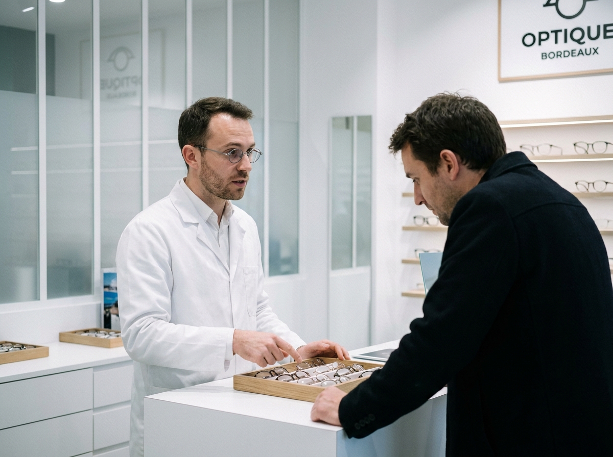 Opticien conseillant un client sur le choix de montures de lunettes dans une boutique moderne à Bordeaux