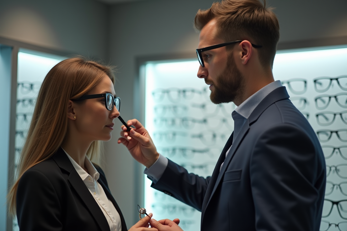 Opticien aidant un client avec des lunettes à l intérieur