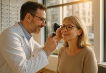 Opticien examinant les yeux d'une femme dans une boutique lumineuse
