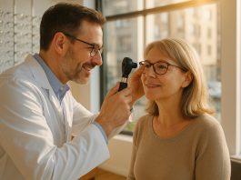 Opticien examinant les yeux d'une femme dans une boutique lumineuse