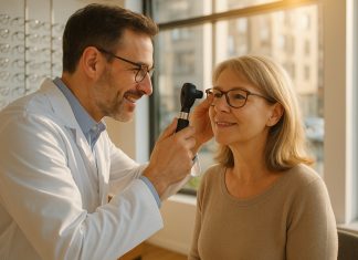 Opticien examinant les yeux d'une femme dans une boutique lumineuse