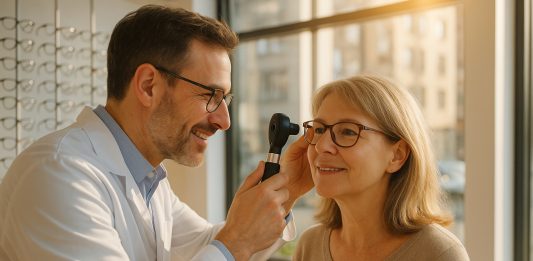 Opticien examinant les yeux d'une femme dans une boutique lumineuse