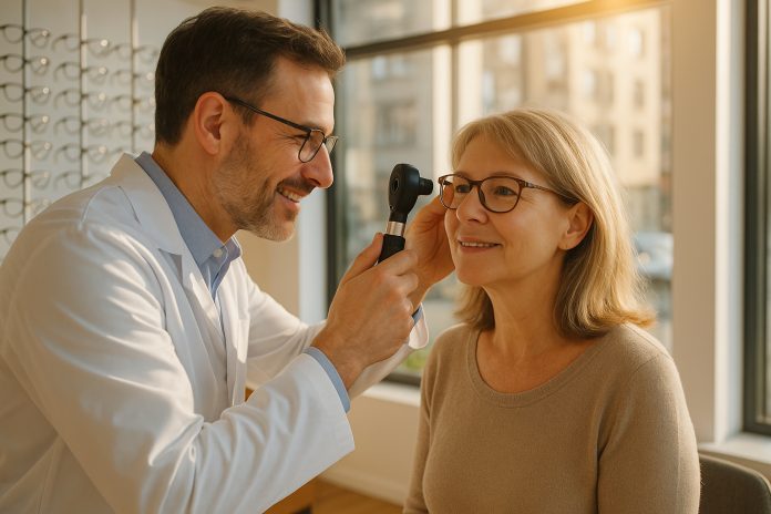 Opticien examinant les yeux d'une femme dans une boutique lumineuse