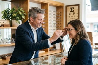 Opticien homme aidant une femme à essayer des lunettes