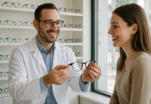 Opticien souriant montrant des lunettes à un client dans une boutique lumineuse