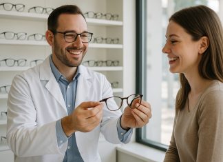 Opticien souriant montrant des lunettes à un client dans une boutique lumineuse