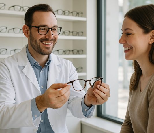 Opticien souriant montrant des lunettes à un client dans une boutique lumineuse