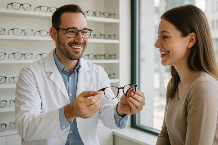 Opticien souriant montrant des lunettes à un client dans une boutique lumineuse