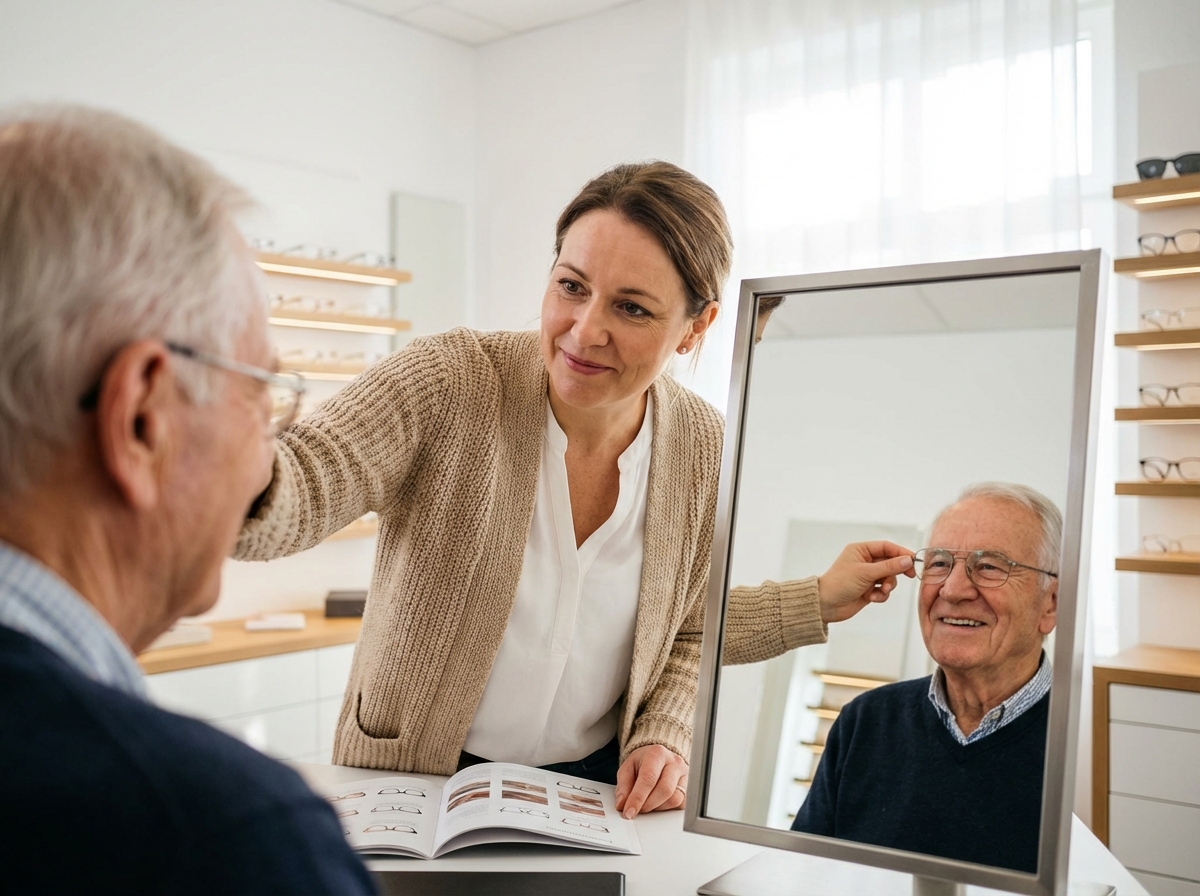 Jeune opticienne ajustant des lunettes à un homme âgé