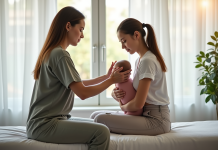 Consultation douce d'ostéopathe avec une mère et son bébé