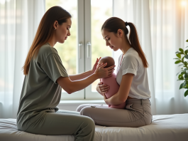 Consultation douce d'ostéopathe avec une mère et son bébé
