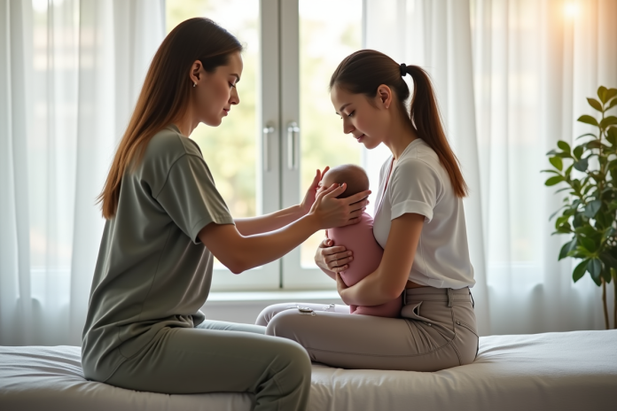 Consultation douce d'ostéopathe avec une mère et son bébé