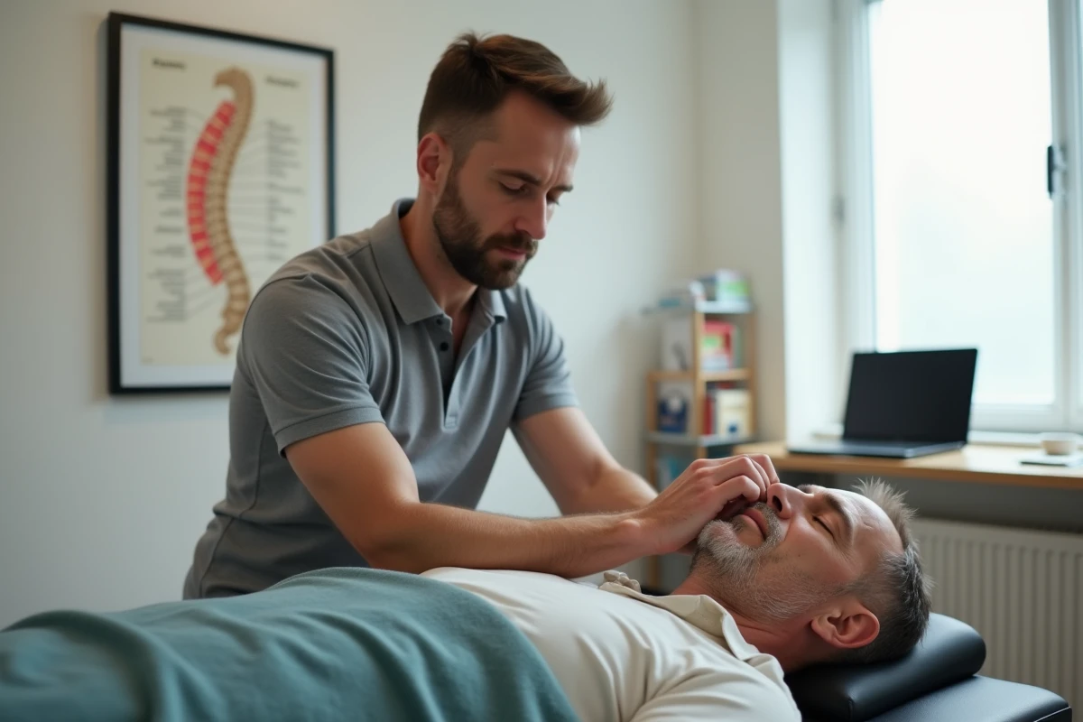 Ostéopathe réalisant une technique crânienne douce sur un patient allongé dans un cabinet ostéopathique professionnel