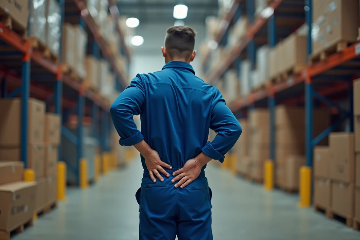 Jeune ouvrier en bleu s étirant dans un entrepôt industriel