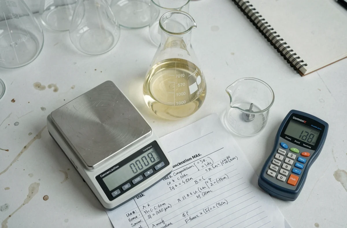 Vue plongeante sur une paillasse de laboratoire avec flacon volumétrique, balance analytique et fiches de calcul de concentration