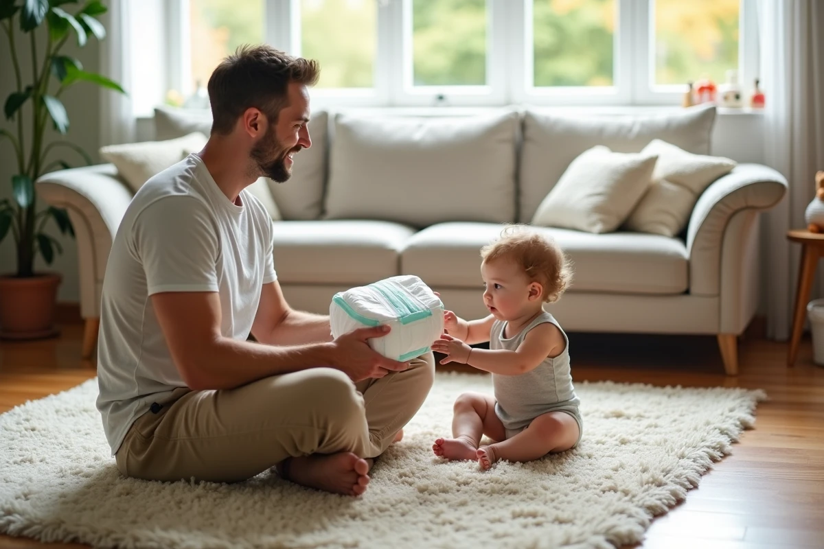 Père détendu tenant un paquet de couches avec sa fille curieuse