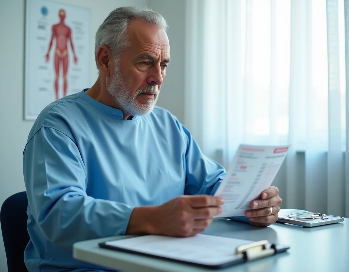Patient masculin d'âge mûr consultant des résultats d'analyses sanguines en cabinet médical, inquiet face aux taux de D-dimères